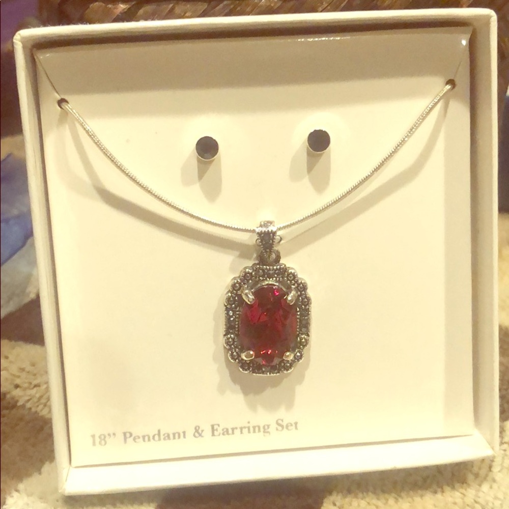 18” Pendant and Earrings Set, Ruby and Silver